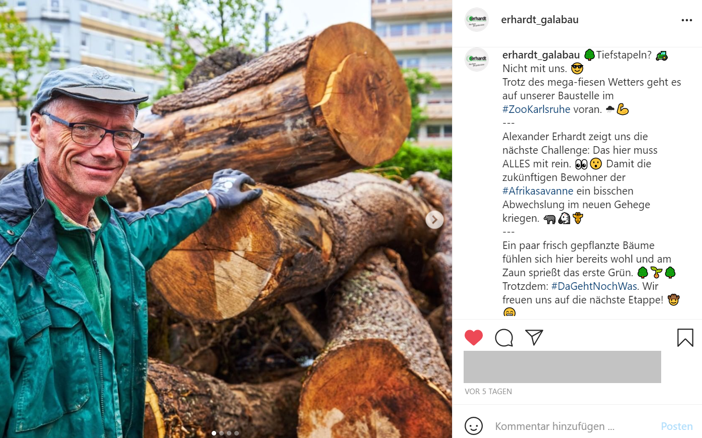 Instagrambeitrag Bauarbeiten Karlsruher Stadtgarten Erhardt Galabau