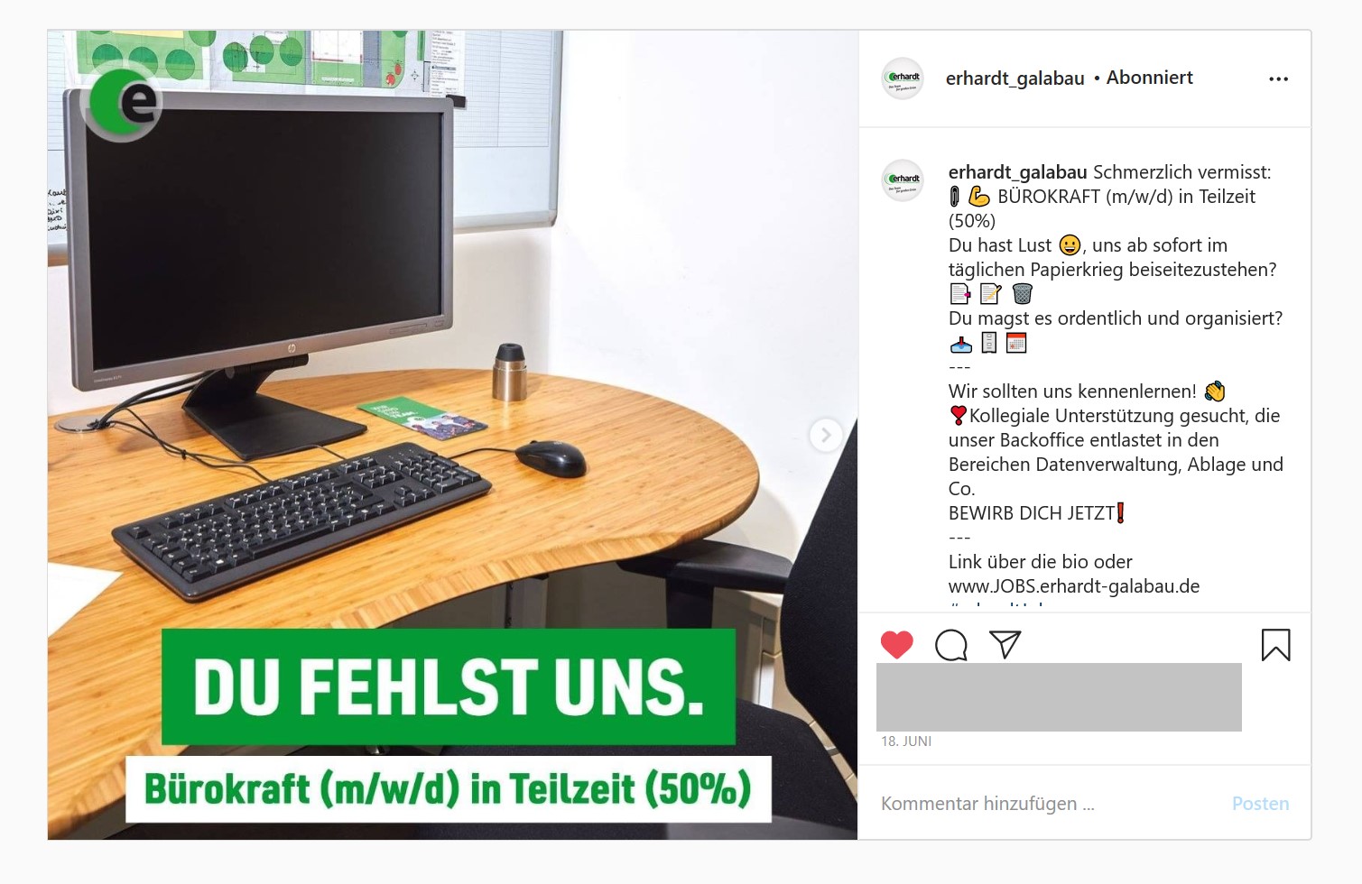 Stellenanzeige Bürokraft Erhardt Galabau