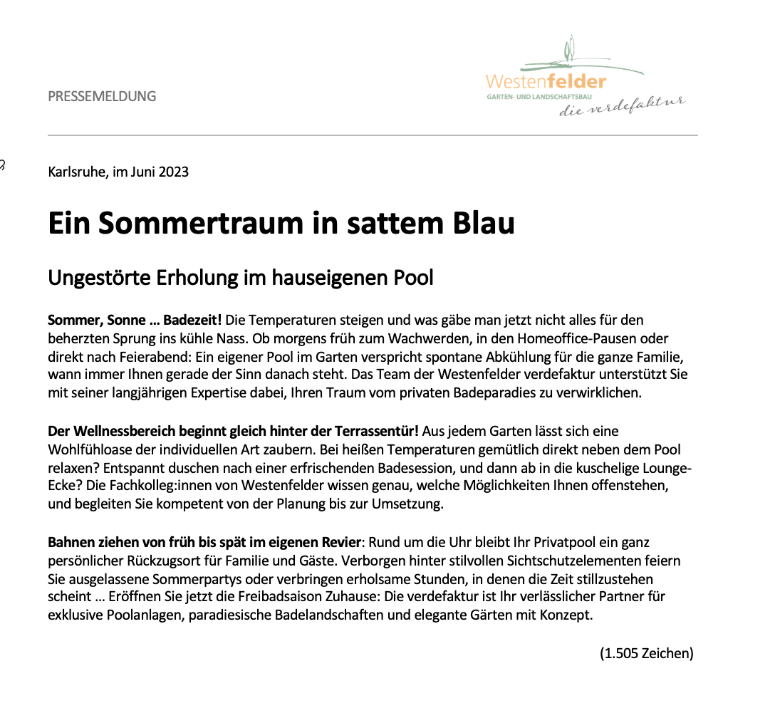 PR-Meldung Westenfelder Poolbau