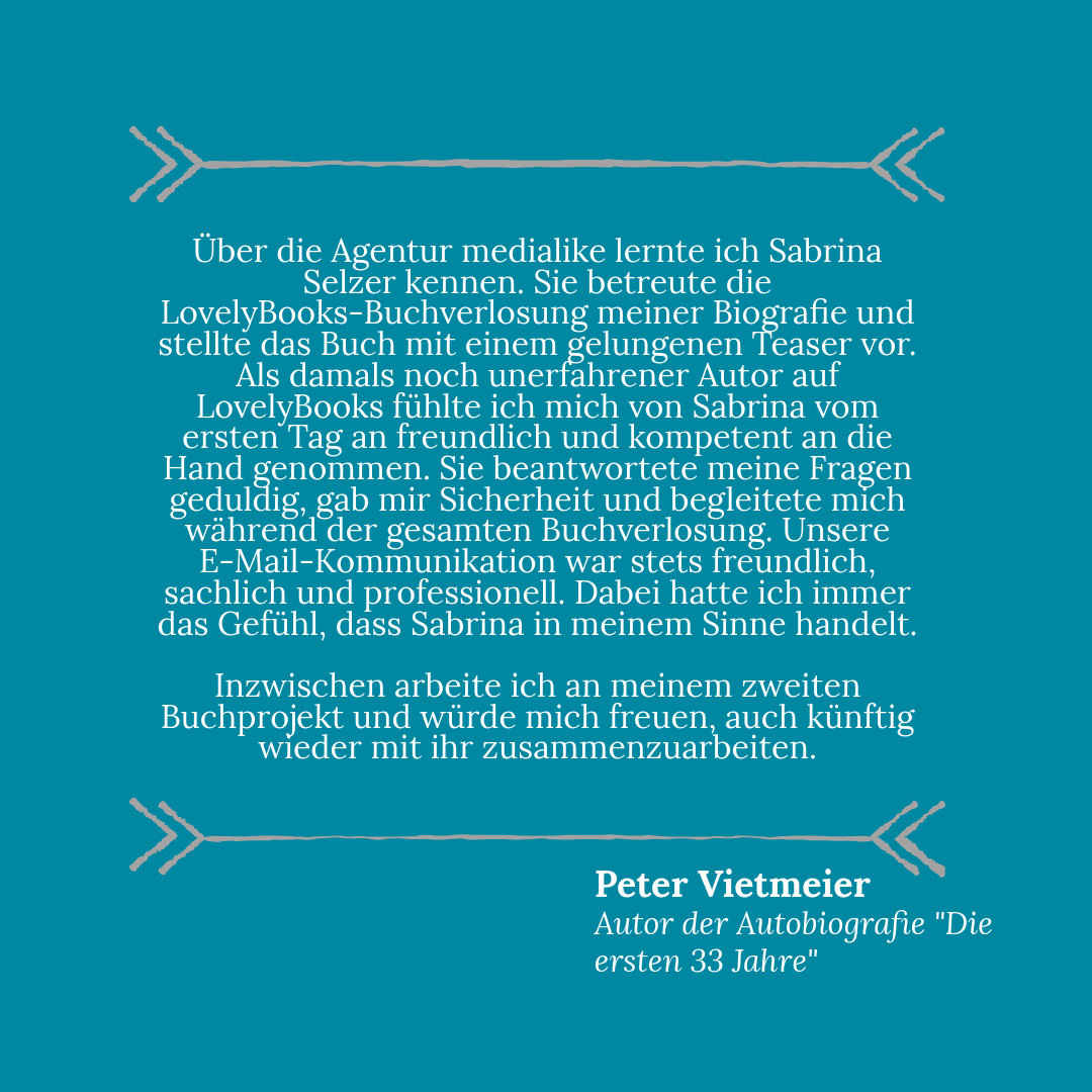 Peter Vietmeier über die Zusammenarbeit mit Sabrina Selzer für eine LovelyBooks-Buchverlosung seiner Autobiografie